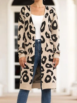 2023 Toamna Iarna Nou Mâneci Lungi, Tricotat Bluza Super Fierbinte Mantou pentru Femei Haine de Leopard de Imprimare Cardigan Lung de sex Feminin Pulover