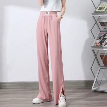 Imbracaminte pentru femei de Moda coreeană Solid Fantă Pantaloni Primavara-Vara Matase de Gheață All-meci Mare Elastic Talie Pantaloni Largi pentru Femei