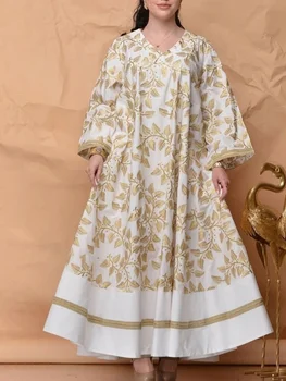 Rochie de muselină Islamic Dubai Eid Mubarak Turcia V-neck Primavara-Vara Noi de Îmbrăcăminte pentru Femei de Frunze de Imprimare Vrac Rochie cu Maneci Lungi Rochie
