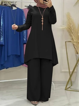 Cauzalitate Liber Musulman Pantaloni Seturi Eid KaftanTurkish Bluza Set Dubai Abayas Pentru Femei ZANZEA Ramadan Elegant Abaya Isamic Îmbrăcăminte