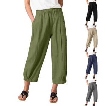 Pantaloni Harem femeii de Vară Lenjerie de pat din Bumbac Trunchiate Pantaloni Respirabil Glezna-lungime Pantaloni Casual, Retro Liber Talie Mare, Solid Pant