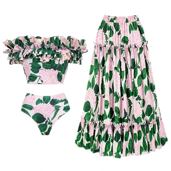 2023 Noi Ruffle Bandeau Floral Print Bikini de costume de Baie și Fusta de Vara Costume de baie Femei Beachwear Costum de Baie