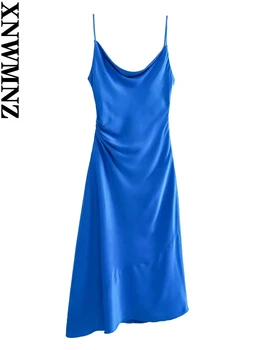 XNWMNZ Moda pentru Femei 2023 Satin care Curge rochie Midi Femei Partid Reglabil Bretele Subtiri Tiv Asimetric Rochii de sex Feminin