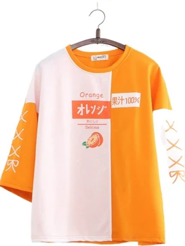 Coreeană de Moda de Vara pentru Femei T-shirt Kawaii Haine Portocalii Broderie Mozaic Maneca Scurta din Bumbac Tricou Drăguț Fete Dulci Topuri