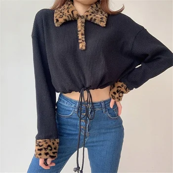 Femei De Primăvară 2021 Topuri Leopard Rever Guler T-Shirt Cu Maneci Lungi Culturilor De Primăvară De Moda Doamnă Ruched Talie De Sex Feminin Tee Shirt Îmbrăcăminte