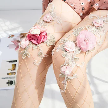 Femei Chilot Broderii Handmade Floare Roz Stil Sexy Fishnet Ciorapi De Plasă Elegant Senior Colanti