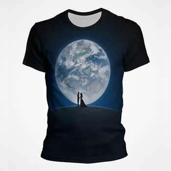 Luna Și Cerul Înstelat 3D Distractive de Imprimare T-shirt Peisaj Model de Tricou Pentru Bărbați la Modă Stradă cu Mânecă Scurtă Gât Rotund Tees