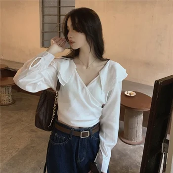 Stil coreean scurt v-gât design cutat ciufulit tricou femei cu mâneci lungi de top