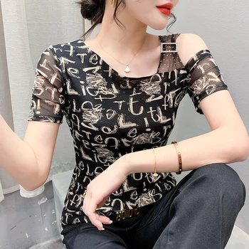 2023 Noi De Vara Haine Coreene Plasă De Moda T-Shirt Sexy Mozaic De Diamante De Design Pentru Femei Maneci Scurte Topuri Realizate Manual Teuri 32332