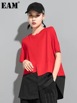 [MEM] Femei de Culoare Roșie-bloc Neregulate Mare Dimensiune T-shirt Noi Gât Rotund Maneca Scurta Mareea Moda Primavara-Vara 2023 1DF5310
