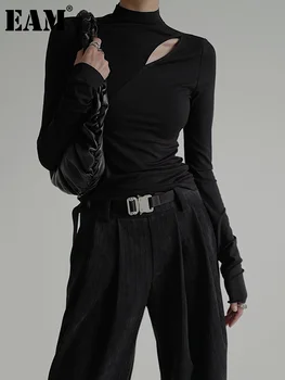 [MEM] Femei Negru Cut-out Subțire de Înaltă Elastic Casual T-shirt Noi Guler Maneca Lunga Mareea Moda Primavara Toamna anului 2023 1DF4926