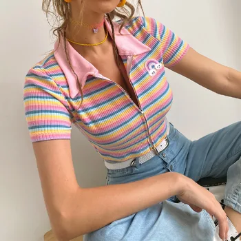 y2k Curcubeu Roz Benzi de Vară Drăguț Fluture de Imprimare Slim Crop Top de culoare Roz cu Dungi de Contrast Maneca Scurta Femei T-Shirt Streetwear