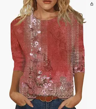 Femei de Primăvară și de Vară de Șapte puncte Bluza cu Maneci Etnice Florale Gât Rotund Liber Casual Navetiști Imprimate T-shirt Femei Top