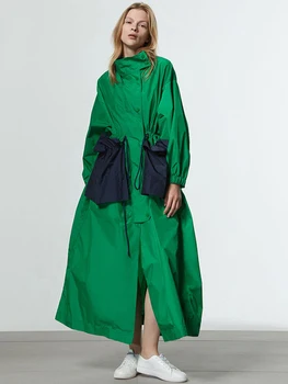 Primavara Toamna Extra Lungi Supradimensionate Verde Trench pentru Femei, cu Buzunare Mari Cordon de Lux, Designer de Moda 2023