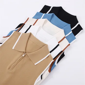 Femei Vara tricouri Polo Vesta din Tricot de Vascoza Topuri Scurte T-shirt fără Mâneci Matase de Gheață Curbat Șirag de mărgele cu Fermoar Contrast de Culoare de Primăvară