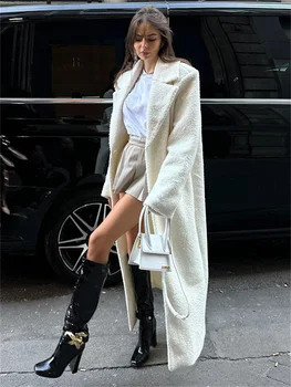 Tossy Alb Rever Liber Palton Pentru Femei De Moda De Talie Mare Maneca Lunga Pulover Strat Subțire De Iarnă Mozaic Elegant Palton