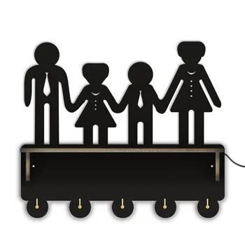 O Familie de Patru Siluete Montat pe Perete Agățat Haina Raft din Lemn Rustic Decor Acasă Cuier de Perete Cu Display Raft Cu 5 Carlige